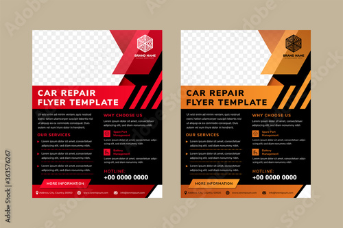 car repair flyer template designs with space for photo collage on top. Combination red and gold on element design, black on background, and white in text. Vertical layout of ad. diagonal shape. 