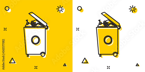 Black Trash can icon isolated on yellow and white background. Garbage bin sign. Recycle basket icon. Office trash icon. Random dynamic shapes. Vector Illustration.
