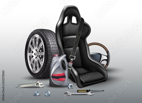 Car repair service background. Realistic vector illustration with car seat, wheels, oil plastic bottle.