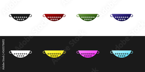 Set Kitchen colander icon isolated on black and white background. Cooking utensil. Cutlery sign. Vector Illustration.