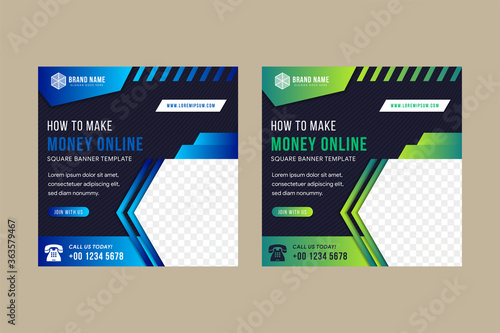 Set of social media banner for make online money conference. backward shape for space of photo collage combination green and blue gradient on black background. transparency curve line pattern.
