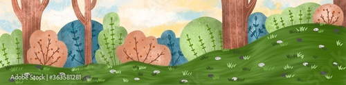 Fantasy colorful landscape with trees and bushes. Cute children book illustration 
