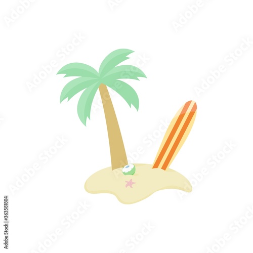 palm tree surf board and coconut lay on sandy beach vector illustration design