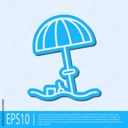 Blue line Sun protective umbrella for beach icon isolated on grey background. Large parasol for outdoor space. Beach umbrella. Vector Illustration.