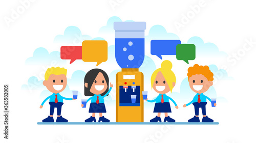 Office workers communicate and drink water from a cooler.
