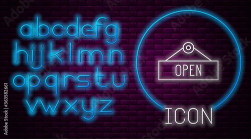 Glowing neon line Hanging sign with text Open door icon isolated on brick wall background. Neon light alphabet. Vector Illustration.