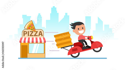 Online food order. Happy man deliver pizza with motorcycle,
