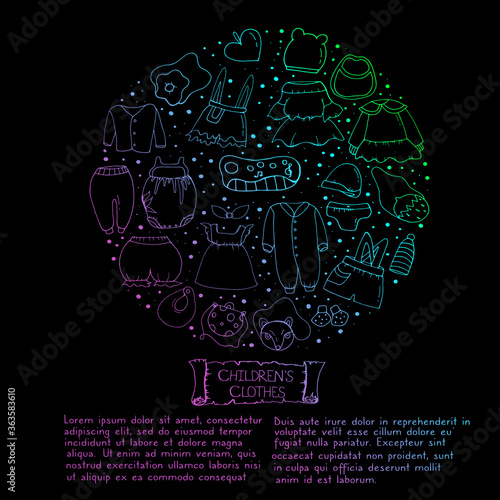  Children's clothing. Doodle style. Vector file. Vector isolated illustration with booties, sweatshirts, dresses, shorts, hats, children's bags, toys on a black background. 
