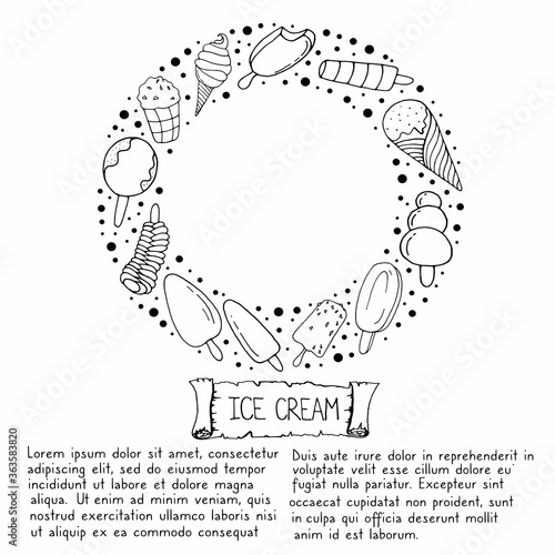 Ice cream. Vector isolated illustration with ice cream  fruit  waffle ice cream on a white background.  Different types of ice cream. Printing on dishes  fabrics  and clothing. Doodle style. 