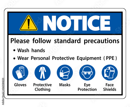 Notice Please follow standard precautions ,Wash hands,Wear Personal Protective Equipment PPE,Gloves Protective Clothing Masks Eye Protection Face Shield