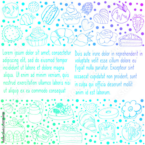 Set of sweets. Vector isolated illustration with cakes, cupcakes, sweets. Design of ads, websites, and banners. An isolated element. Doodle style. Cakes, cupcakes