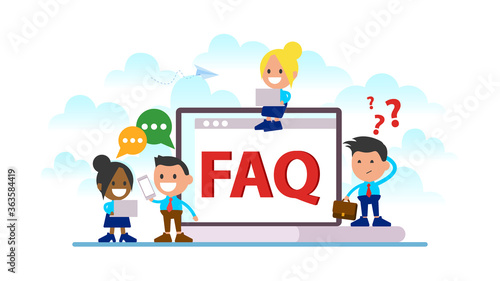 FAQ and Q&A vector illustration concept, people asking to online support center via smartphone and laptop.
