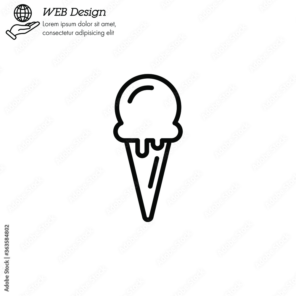 Ice cream in waffle cone icon thin line, linear, outline. Simple sign, logo Ice cream in waffle cone icon thin line, linear, outline. Simple sign, logo