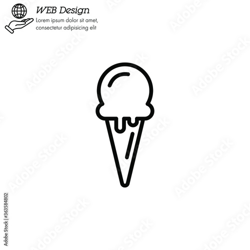 Ice cream in waffle cone icon thin line, linear, outline. Simple sign, logo