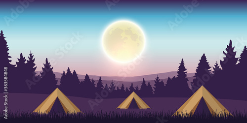 camping by night at full moon tents on meadow with mountain view vector illustration EPS10