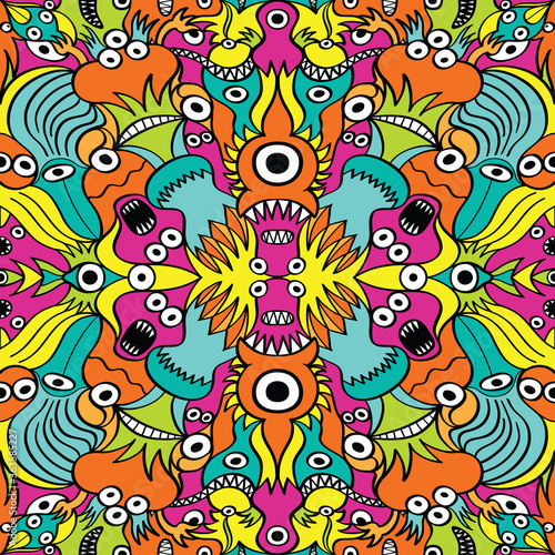 Colorful seamless pattern design composed by crazy weird creatures such as monsters  aliens and fishes. They are aligned using two axes of symmetry creating 3 mirrored images from the original one
