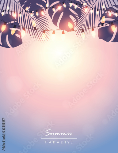 tropical summer paradise background with fairy light and palm leaves vector illustration EPS10
