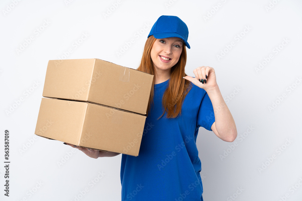 Young delivery woman over isolated white background proud and self-satisfied Young delivery woman over isolated white background proud and self-satisfied