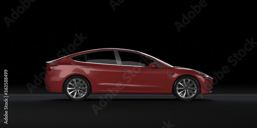 3d render of sedan concept with red car paint in studio. 10K Resolution. 
