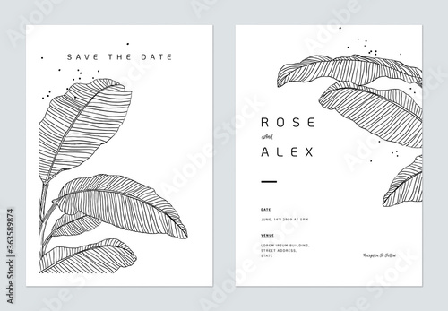 Minimalist wedding invitation card template design, banana leaves line art ink drawing on white