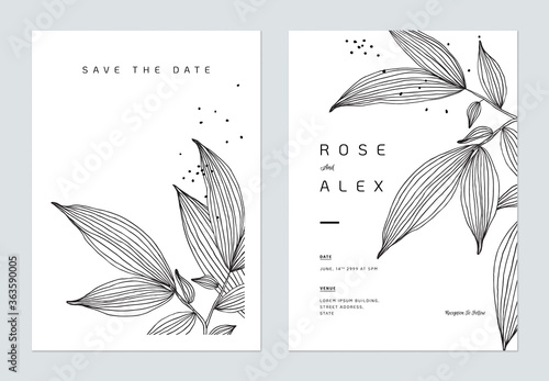 Minimalist wedding invitation card template design, leaves line art ink drawi...