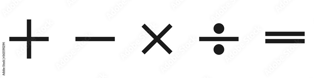 Set of mathematical signs - plus, minus, multiplication, division and equal.
Set of mathematical signs - plus, minus, multiplication, division and equal.