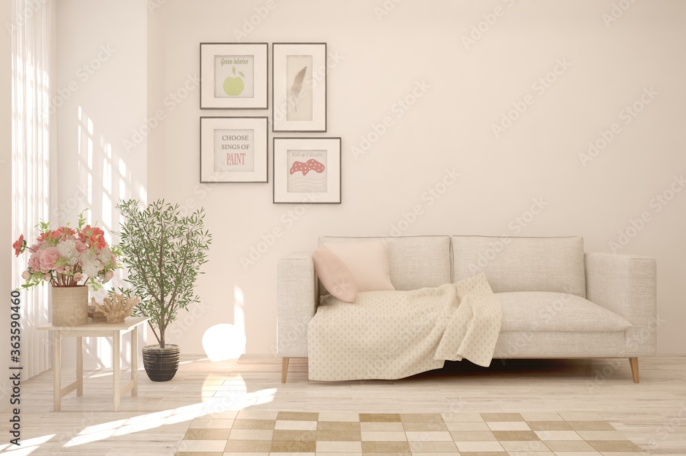 Fototapeta premium White living room with sofa. Scandinavian interior design. 3D illustration