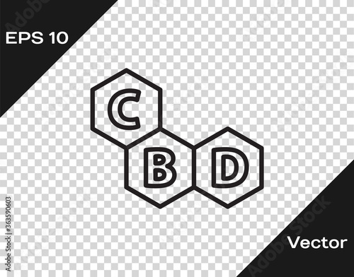 Black line Cannabis molecule icon isolated on transparent background. Cannabidiol molecular structures, THC and CBD formula. Marijuana sign. Vector Illustration.