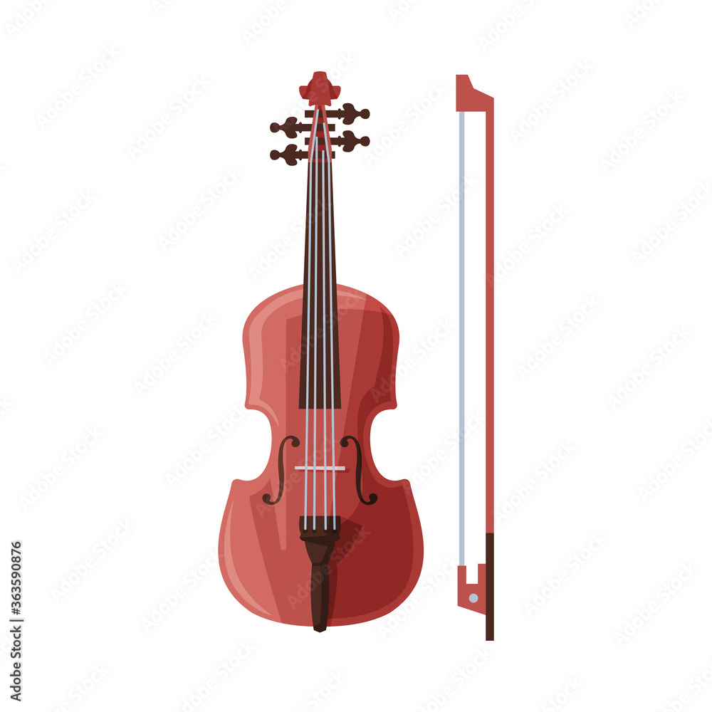 Violin and Bow Classical String Musical Instrument Flat Vector Illustration on White Background Violin and Bow Classical String Musical Instrument Flat Vector Illustration on White Background