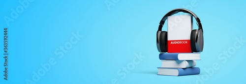 audiobook on blue background with headphone and smartphone