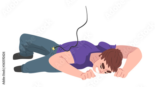 Person Receiving Electric Discharge in High Voltage Grid Vector Illustration on White Background.