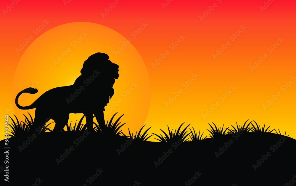 lion standing Against a Sunset Vector illustration,African nature with wild lion.Black silhouette of a lion. lion standing Against a Sunset Vector illustration,African nature with wild lion.Black silhouette of a lion.