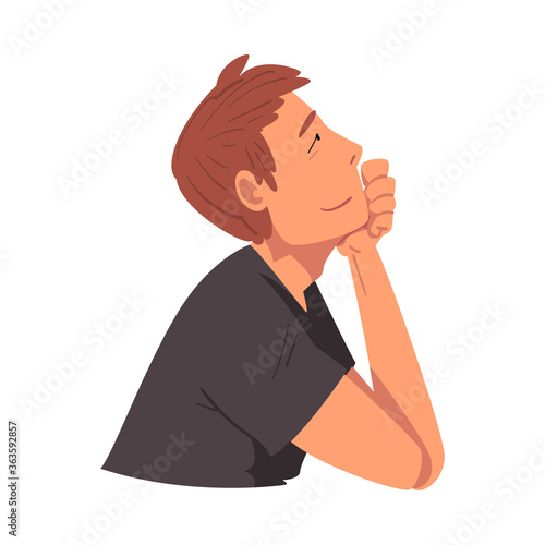 Side View of Thoughtful Relaxed Man, Guy Dreaming about Something, Male Person Sitting Supporting his Head by Hand and Looking up Vector Illustration