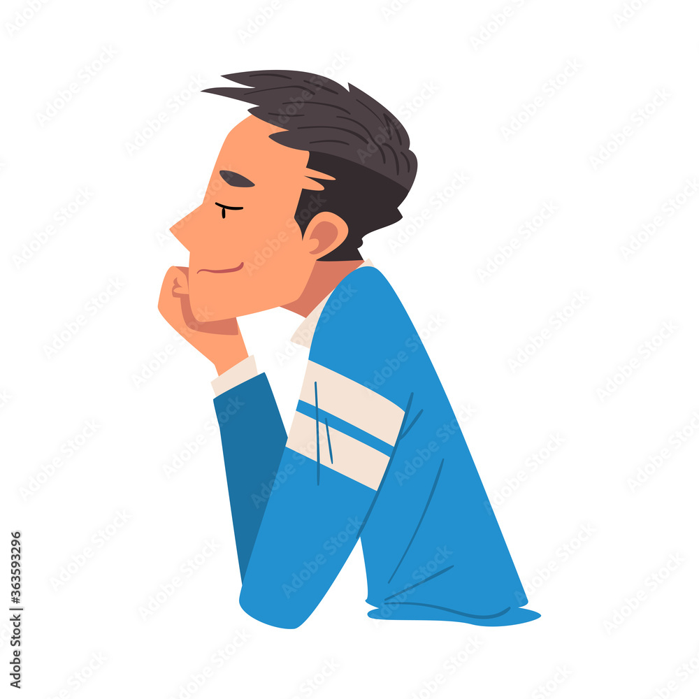 Side View of Thoughtful Man, Relaxed Guy Dreaming about Something, Person Sitting Supporting his Head by Hand Vector Illustration