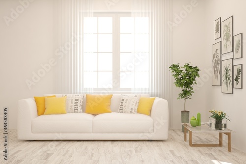 White living room with sofa. Scandinavian interior design. 3D illustration