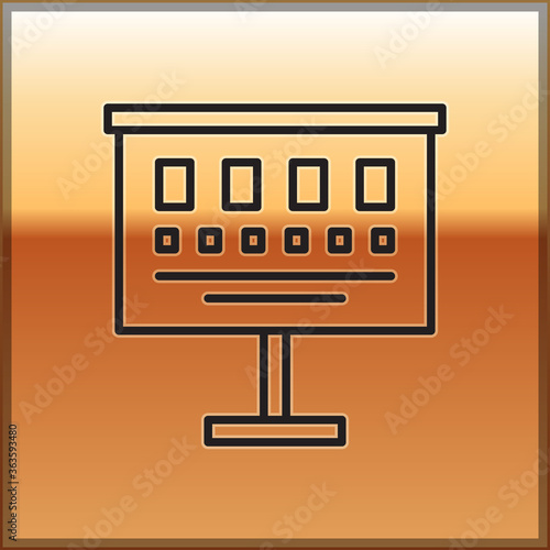 Black line Eye test chart icon isolated on gold background. Poster for vision testing in ophthalmic study. Snellen chart. Vector Illustration.
