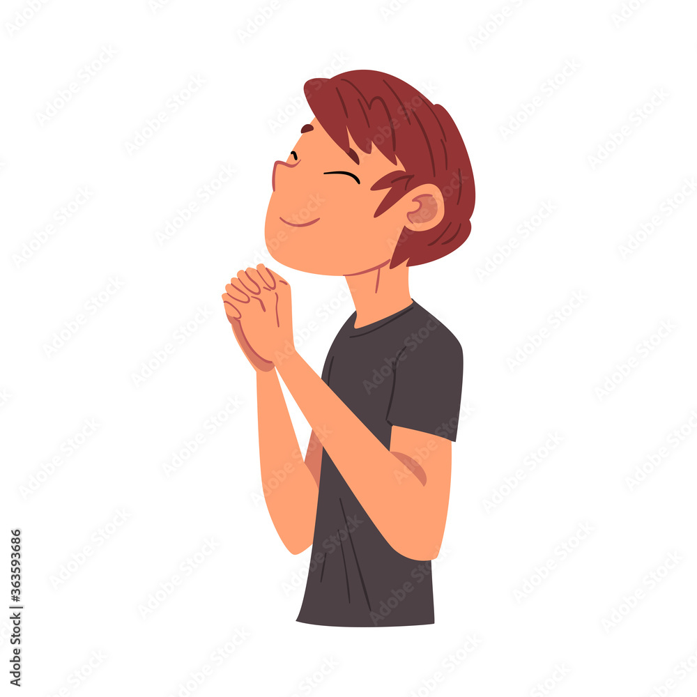Boy Holding with Closed Eyes Standing in Prayer Pose, Smiling Relaxed Teenager Dreaming about Something Vector Illustration Boy Holding with Closed Eyes Standing in Prayer Pose, Smiling Relaxed Teenager Dreaming about Something Vector Illustration