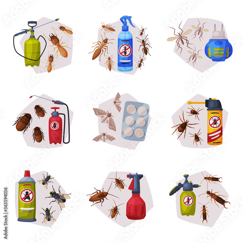 Harmful Insects Insecticides Set, Pest Control Service, Detecting and Exterminating Insects Vector Illustration