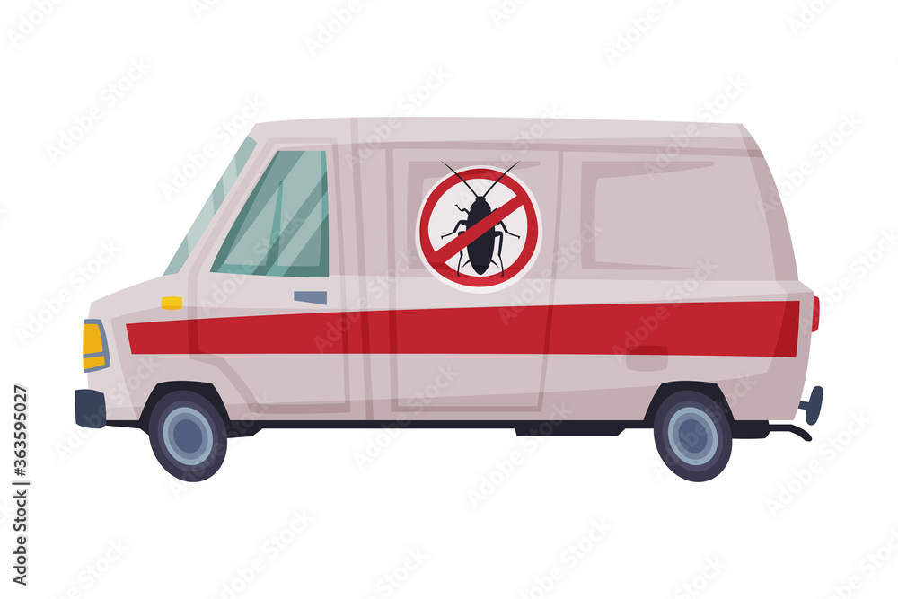 Pest Control Service Van, Exterminator Mini Bus Vector Illustration on White Background