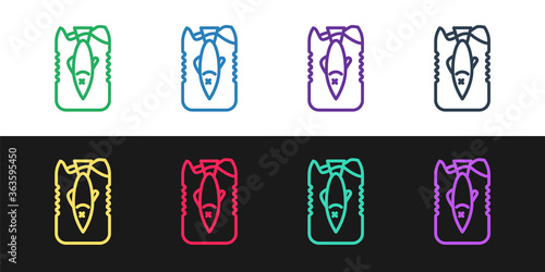 Set line Stop ocean plastic pollution icon isolated on black and white background. Environment protection concept. Fish say no to plastic. Vector Illustration.