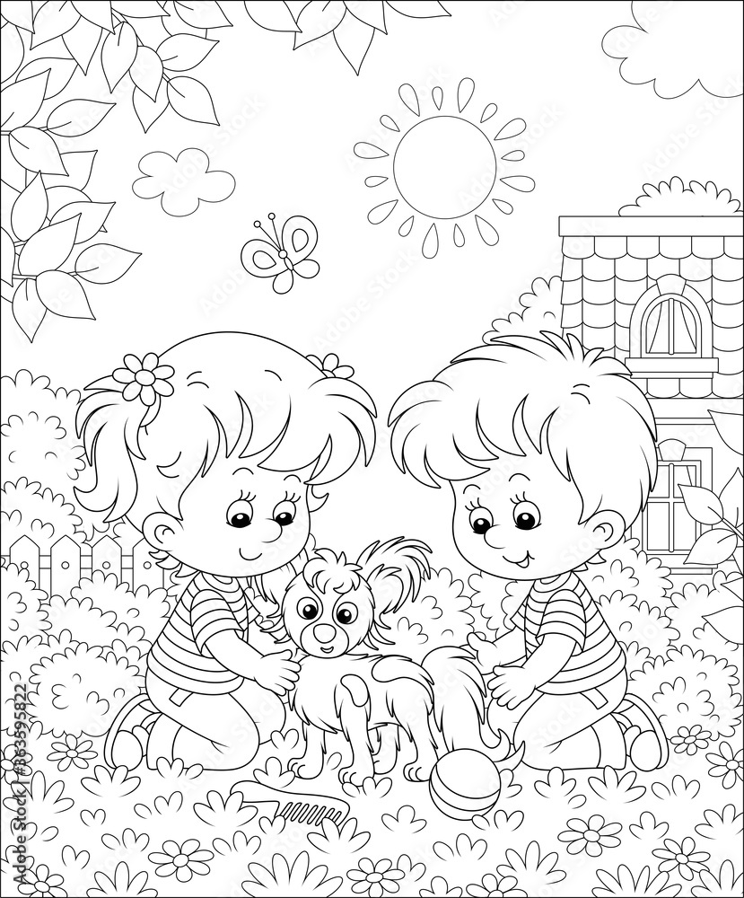 Little children brushing their cheerful small Papillon puppy for a walk on a sunny summer day, black and white outline vector cartoon illustration for a coloring book page