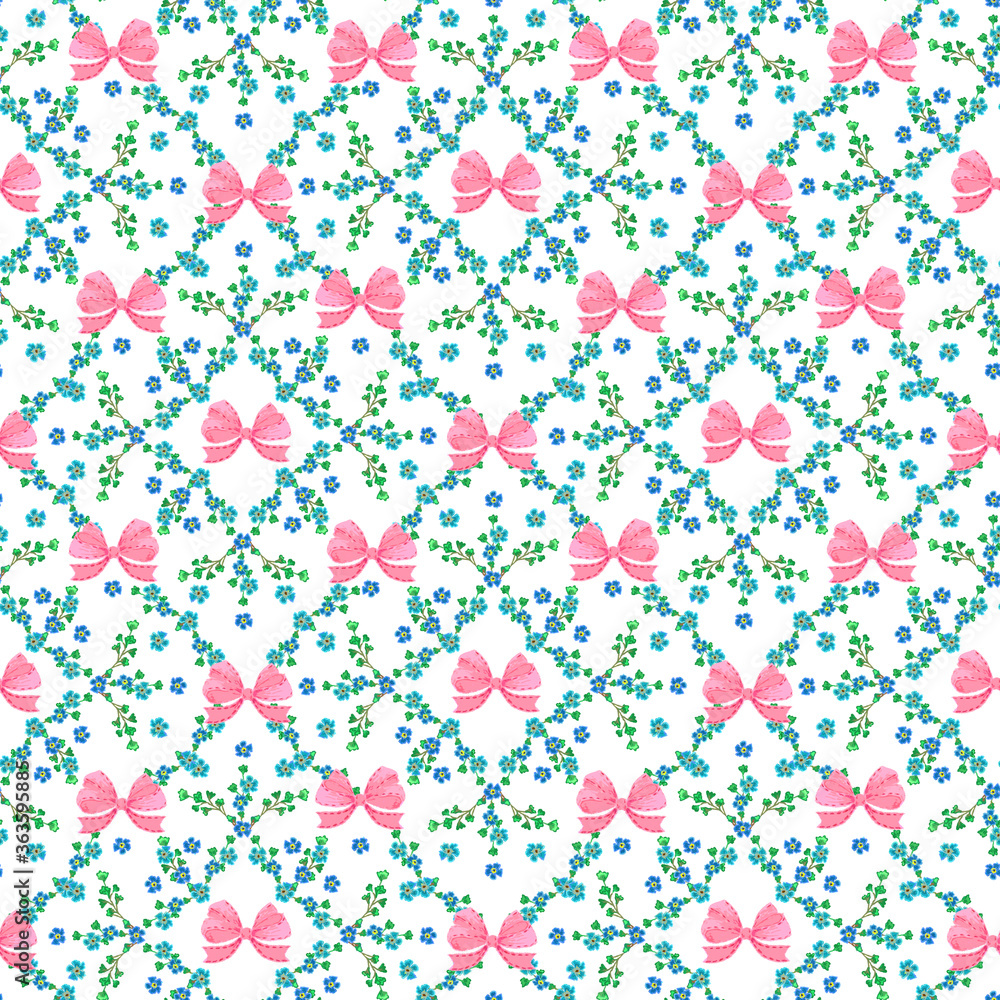 Seamless pattern with forget-me-not flowers and a pink bow. Seamless pattern with forget-me-not flowers and a pink bow.