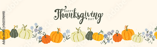 Cute hand drawn pumpkin horizontal seamless pattern, hand drawn pumpkins - great as Thanksgiving background, textiles, banners, wallpapers, wrapping - vector design