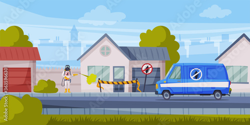 Disinfection of Suburban House, Exterminator Wearing Protection Uniform and Gas Mask Spraying with Insecticide, Home Pest Control Service Vector Illustration