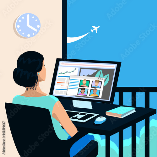 The girl works at home at the computer. Video conference. Frellance. Vector illustration in a flat style.