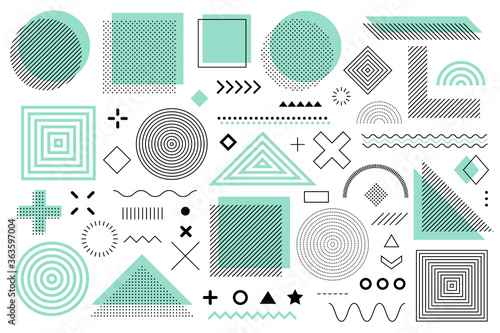 Green Memphis design, retro elements for web. Collection trendy halftone vector geometric shapes.