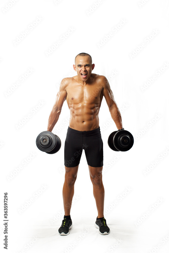 handsome muscle man doing exercises with dumbbells isolated on white background handsome muscle man doing exercises with dumbbells isolated on white background