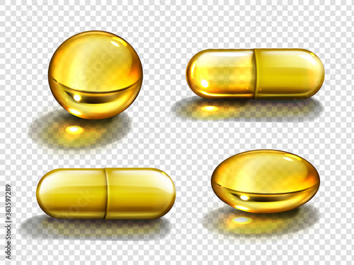 Gold oil capsules, vitamine round and oval pills. Cosmetics, omega 3 golden bubbles, antibiotic gel, serum droplets or collagen essence isolated on transparent background, realistic 3d vector set