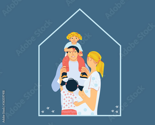 Happy family - father with son, daughter and pregnant mother. Cute large family, three children. Happy international father's day concept.  Flat vector illustration in cartoon style 