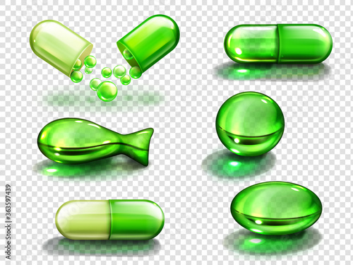 Green capsules with vitamin, collagen or medicine. Vector realistic set of medical pill different shapes, food supplement with fish oil, vitamin E, A or Omega 3 isolated on transparent background